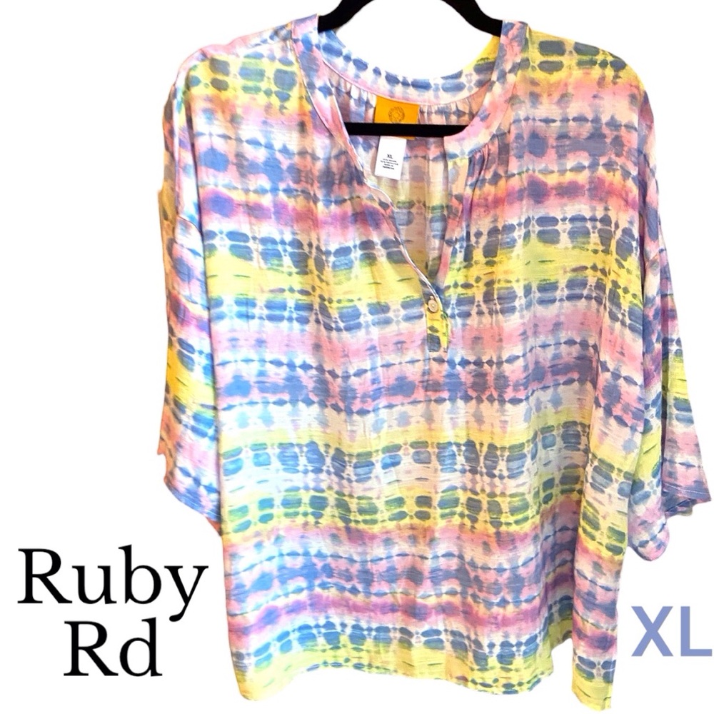 Ruby Rd. New Pastel Tie-Dye Split Neck Short Sleeve Blouse